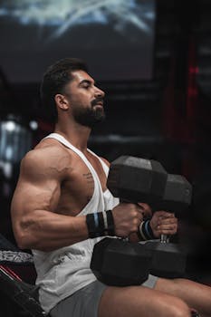 Muscular man in white tank top lifting heavy dumbbells during workout in gym.