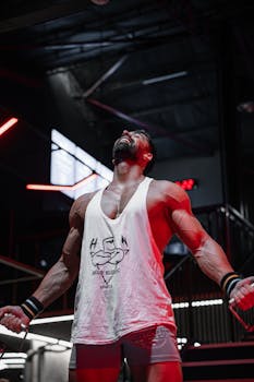 Muscular man working out with cables in a gym under dramatic lighting.