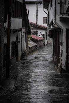 A narrow, rain-covered alley between old buildings creates a moody, urban atmosphere.