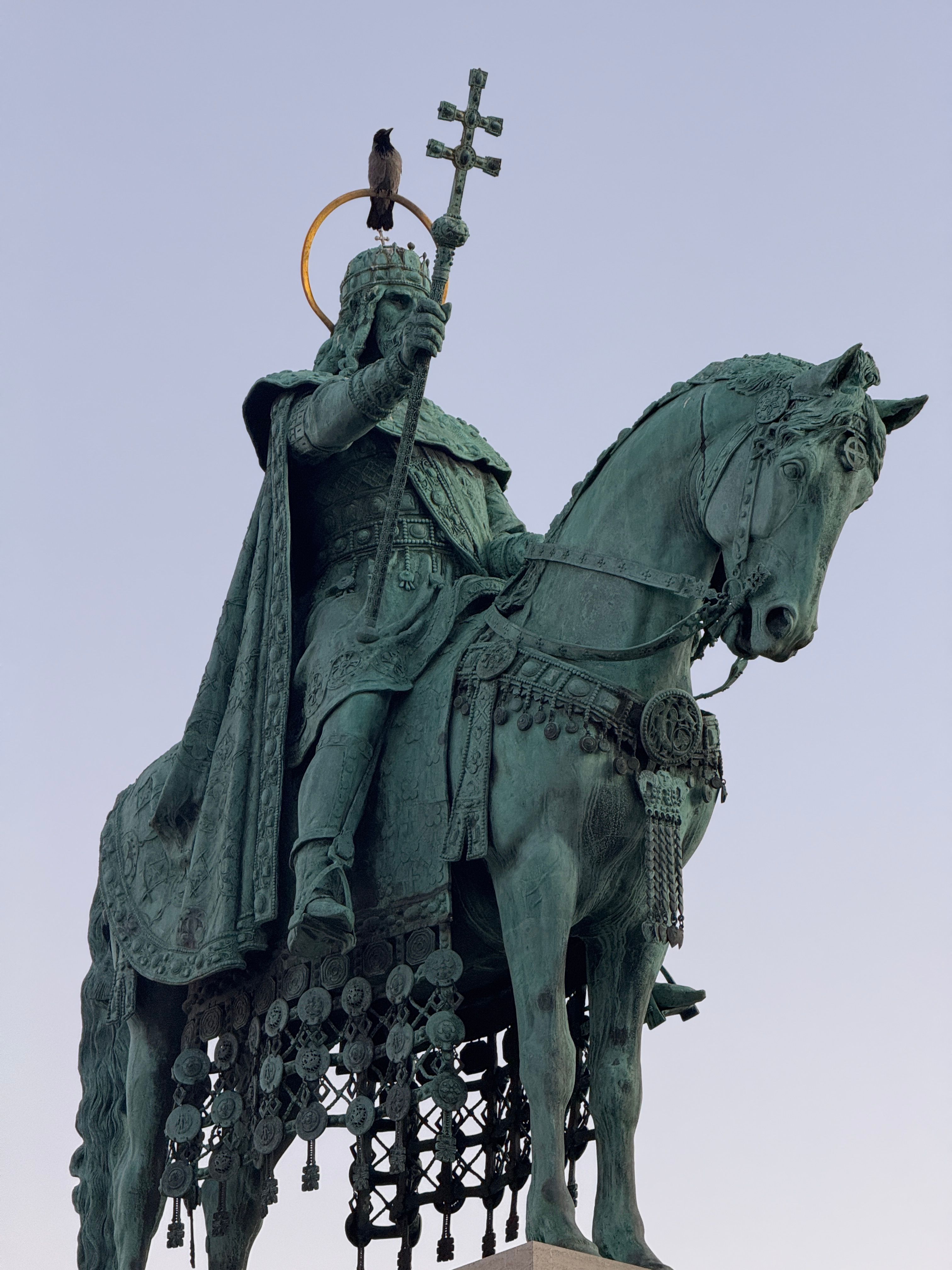 Majestic statue of St. Stephen on horseback in Budapest, Hungary.