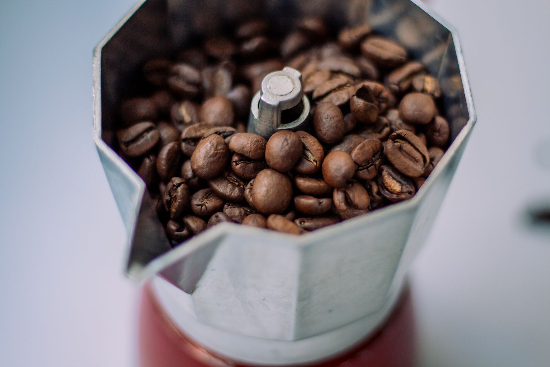 High-angle view of roasted coffee beans in a stainless steel Moka pot, ready for brewing.