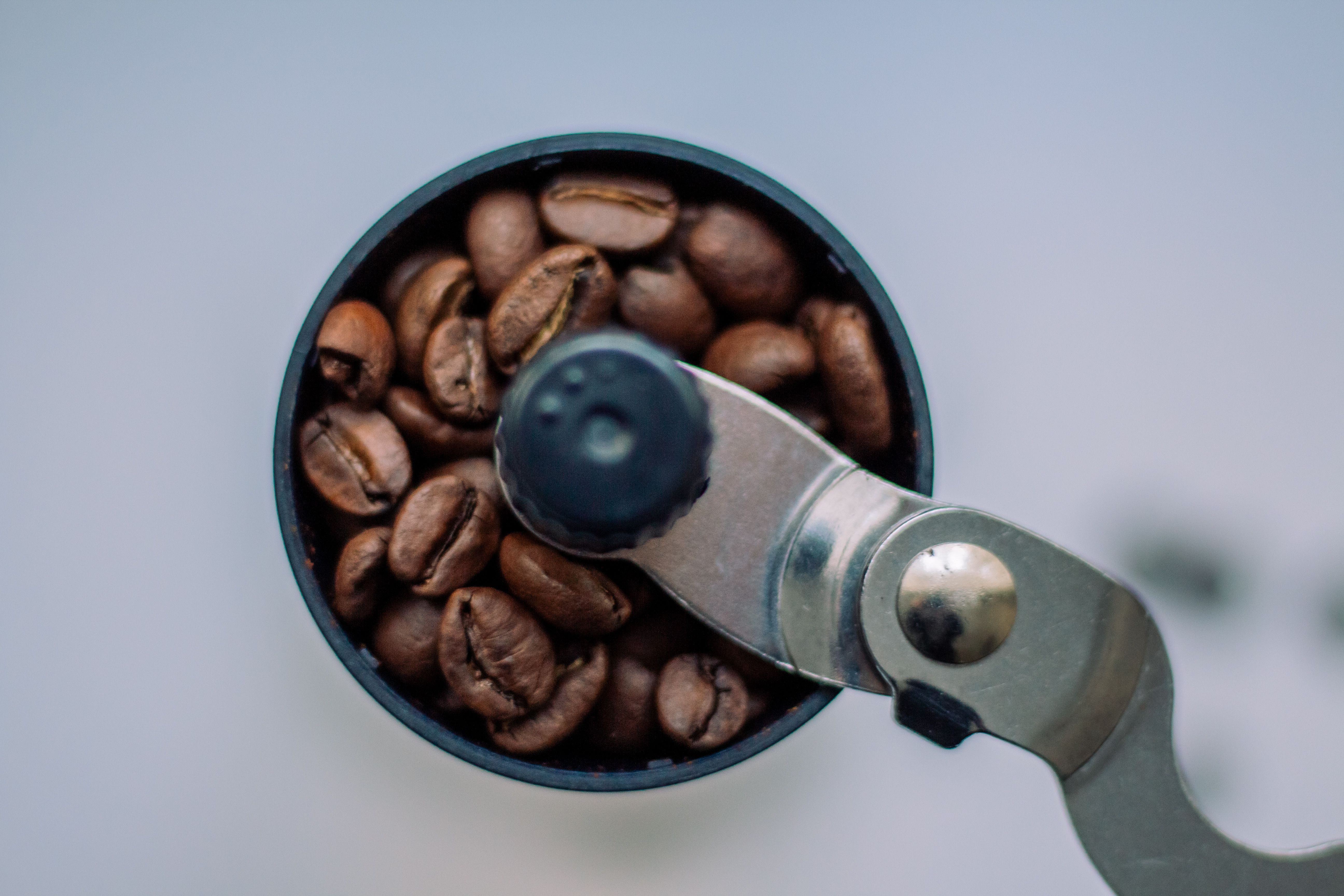 Close-up of roasted coffee beans in a manual grinder shot from above.