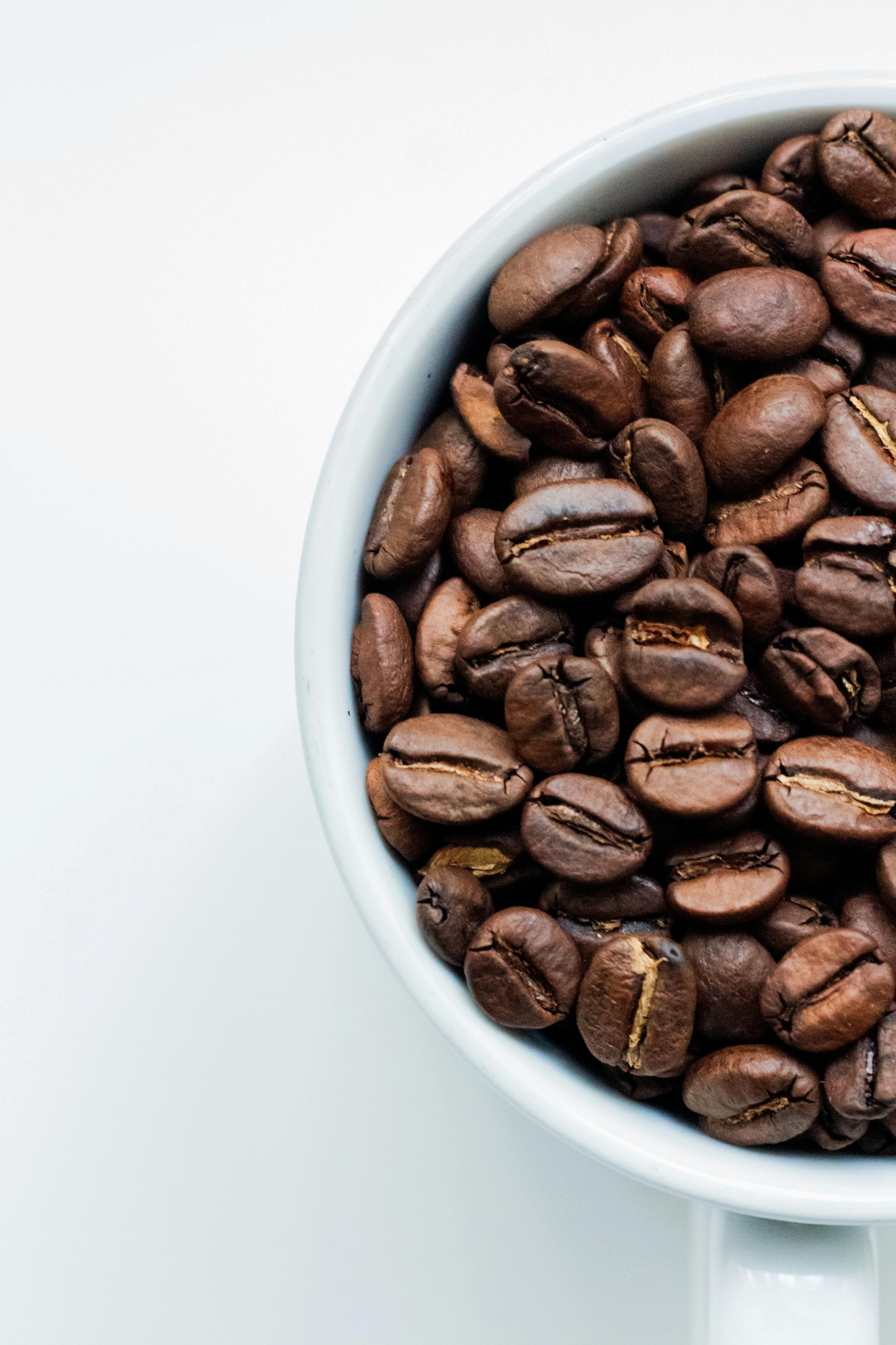 A top view of aromatic roasted coffee beans in a white cup.