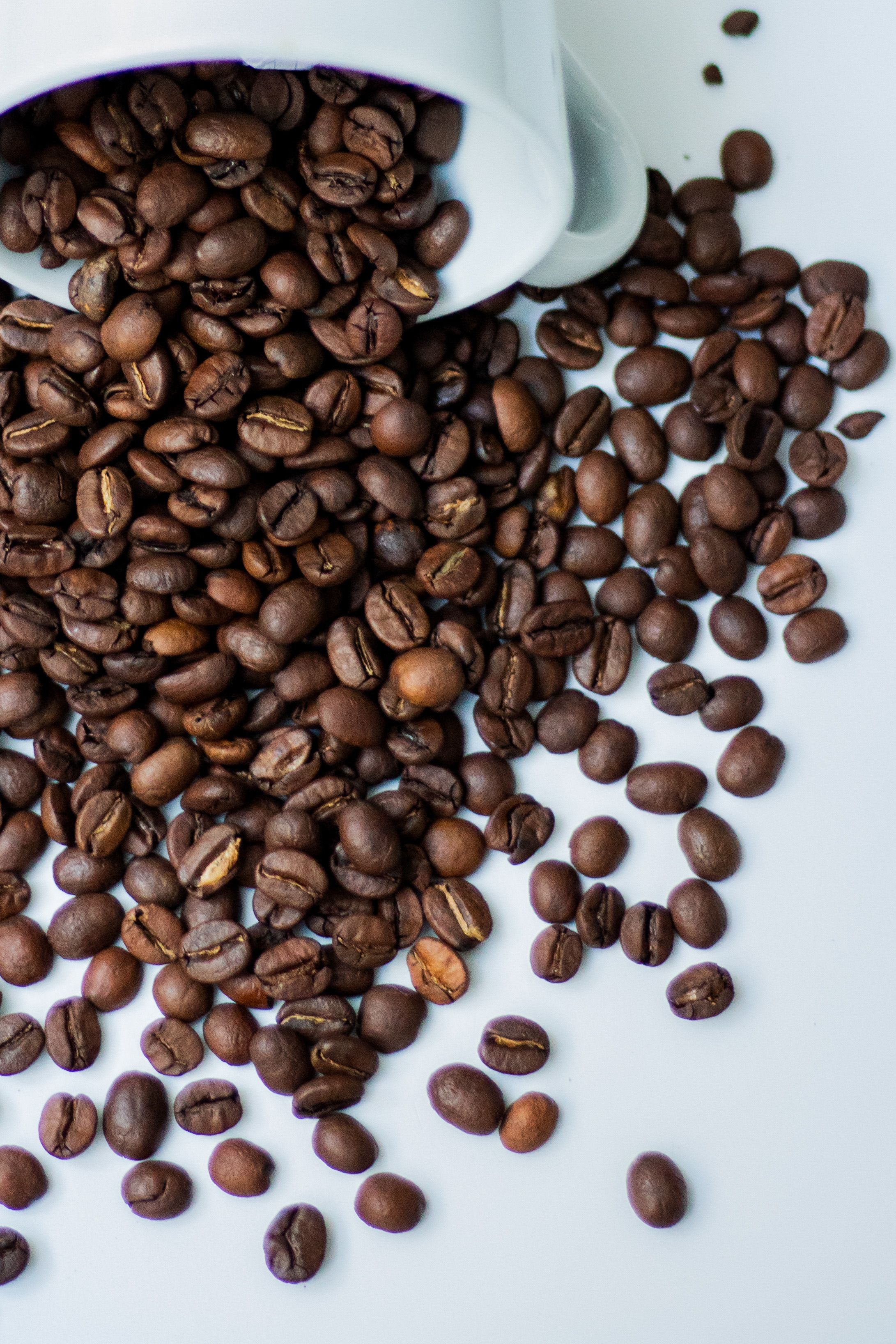 A top view of roasted coffee beans spilling from a mug on a white background.
