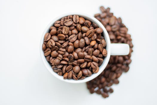 Top view of a coffee cup brimming with roasted coffee beans on a white background.