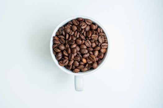 Top view of coffee beans filled in a cup on a bright white background, perfect for coffee lovers.