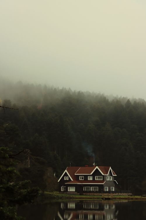 Free Charming red-roofed house by a lake surrounded by fog and forest in Bolu, Türkiye. Stock Photo