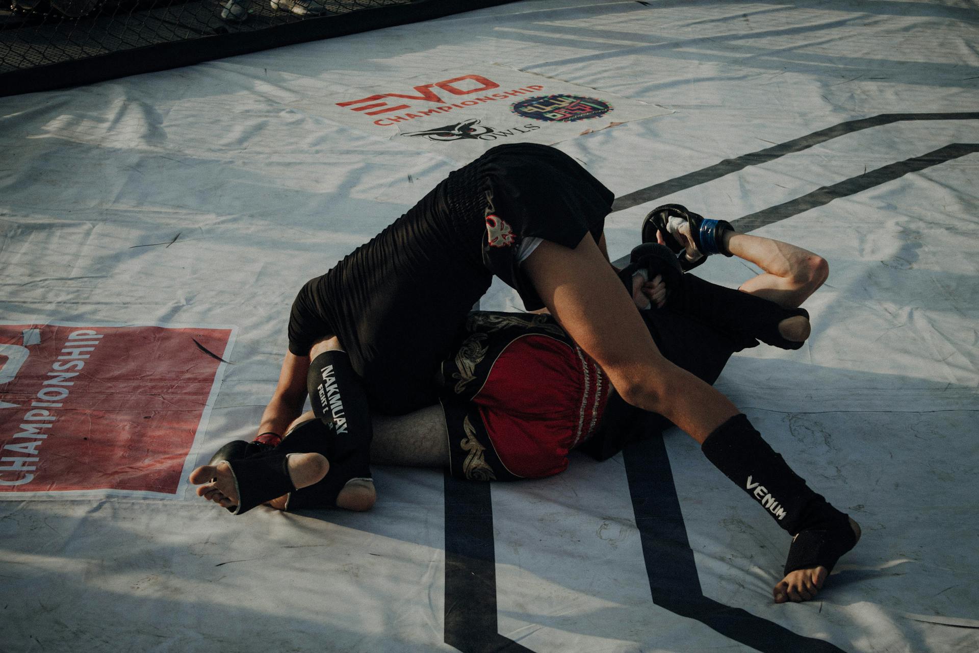 Mixed martial arts fighters in an intense grappling competition in an arena.