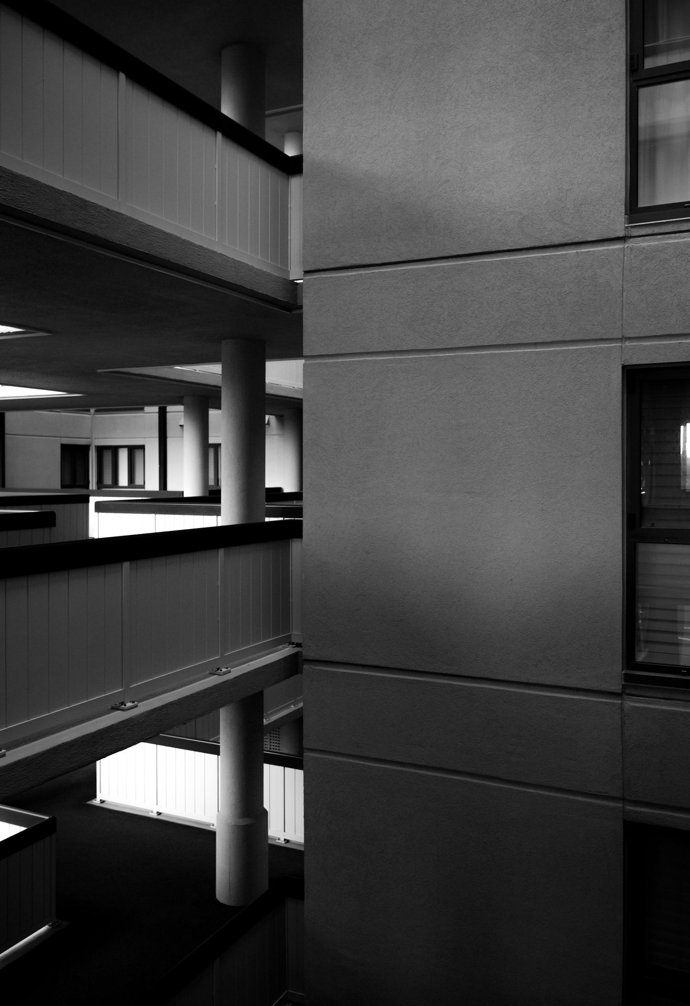 Black and white modern architectural interior with clear lines, open space, and daylight