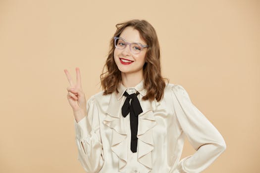 Smiling woman in elegant attire and eyeglasses making a peace sign. Perfect for fashion and eyewear themes.