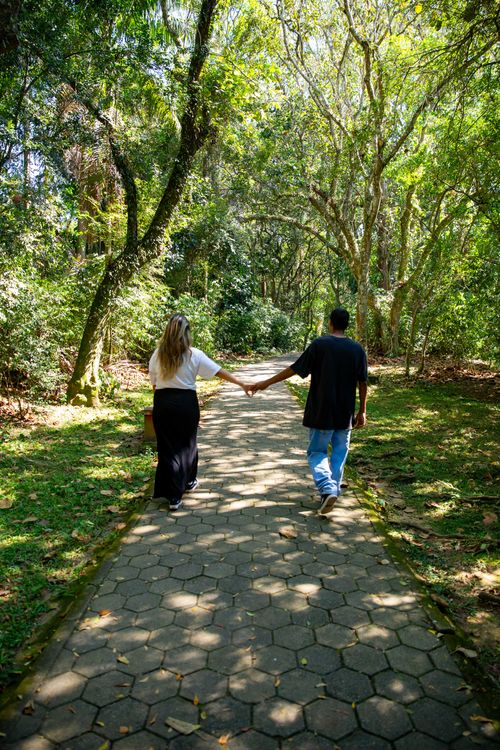Free A couple walks hand in hand on a sunlit path through a lush park in São Paulo, Brazil. Stock Photo