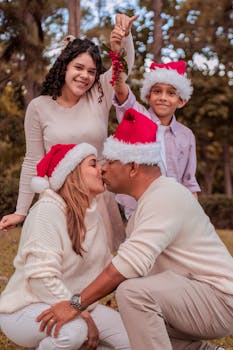 Family celebrating Christmas with Santa hats and mistletoe in a park setting.