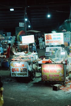 Bustling night market with food stalls illuminated by colorful lights, showcasing Vietnamese street cuisine.