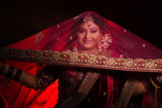Stunning portrait of an Indian bride in red veil adorned with traditional jewelry.