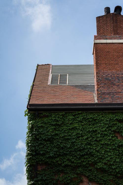 Free A charming brick building with ivy climbing up the walls against a clear blue sky. Stock Photo