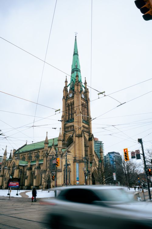 Free Stunning street view of St. James Cathedral in downtown Toronto, showcasing Gothic Revival architecture. Stock Photo