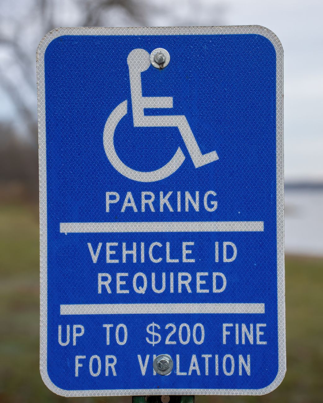 Blue handicap parking sign indicating vehicle ID requirement and fine.