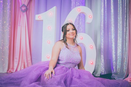 Teen girl in purple gown at Sweet 16 celebration with large illuminated number 16.