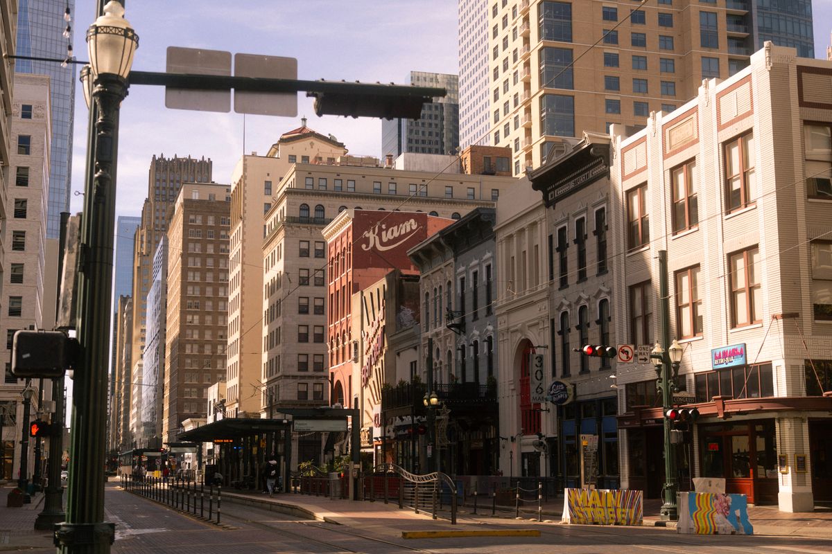Houston downtown Main Street with historic buildings and skyscrapers