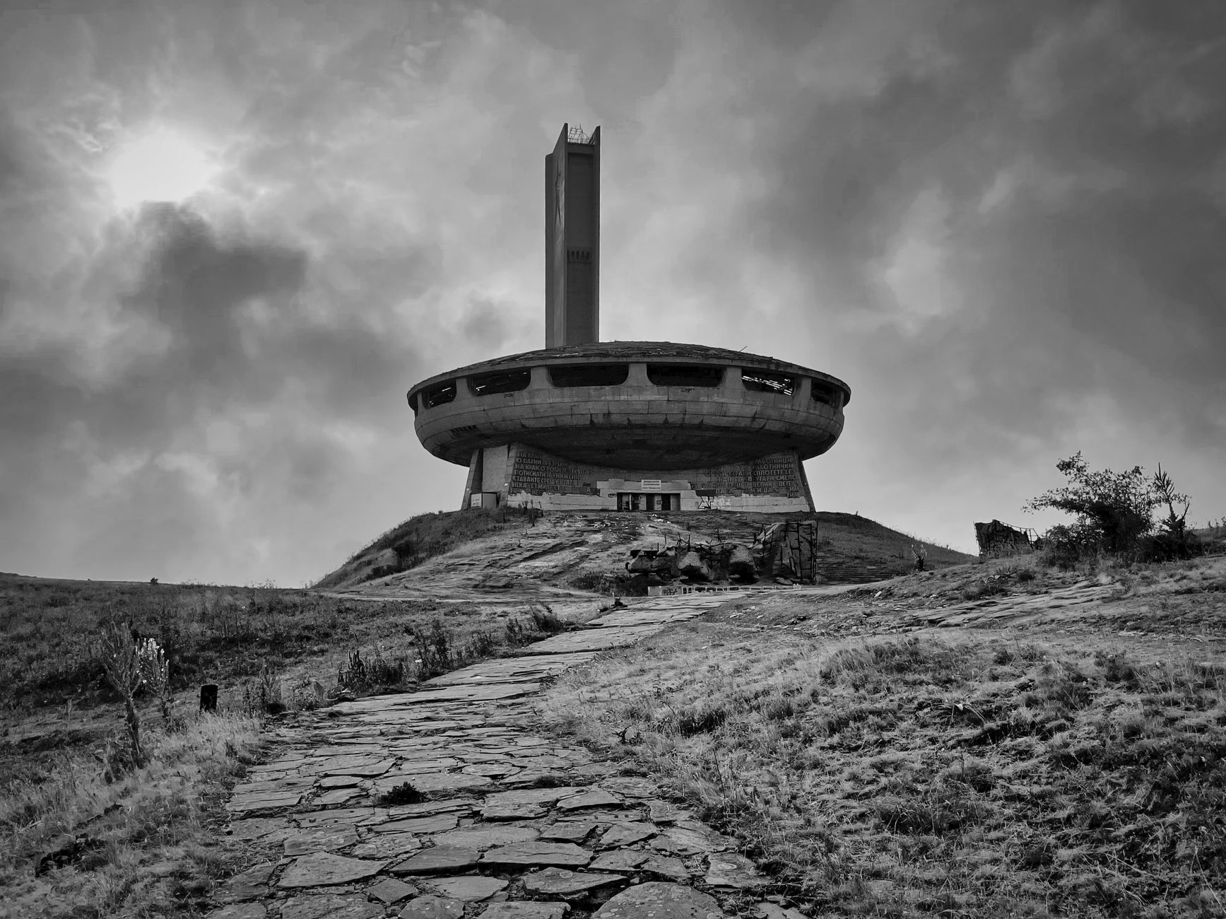 Black and white photo of the iconic Buzludzha Monument in Bulgaria.