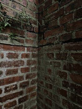Dramatic view of a rustic brick wall corner with overgrown greenery and aged texture.