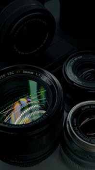 Detailed view of camera lenses showcasing reflections and precision engineering.