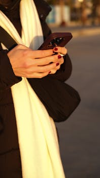 A woman with red nails using a smartphone outdoors in İstanbul.