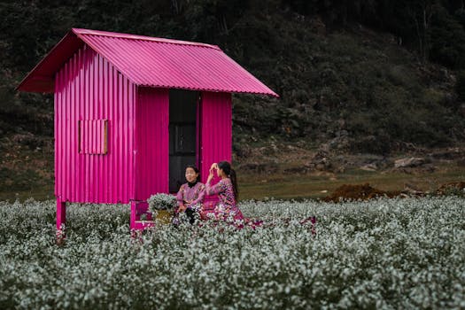 Two women in colorful attire sit by a bright pink house in a Vietnamese plum field.