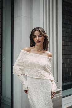 Stylish woman in off-shoulder dress posing elegantly near architectural columns outdoors.