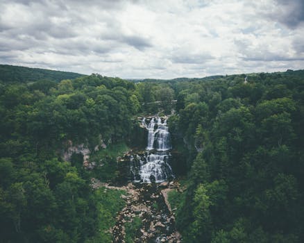 A breathtaking aerial shot of a waterfall surrounded by a dense, green forest.