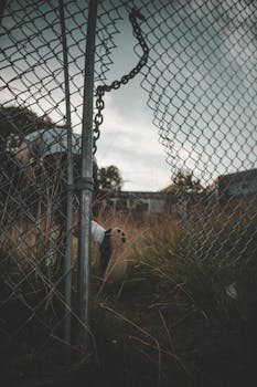 A person exploring an abandoned area through a broken chain link fence.
