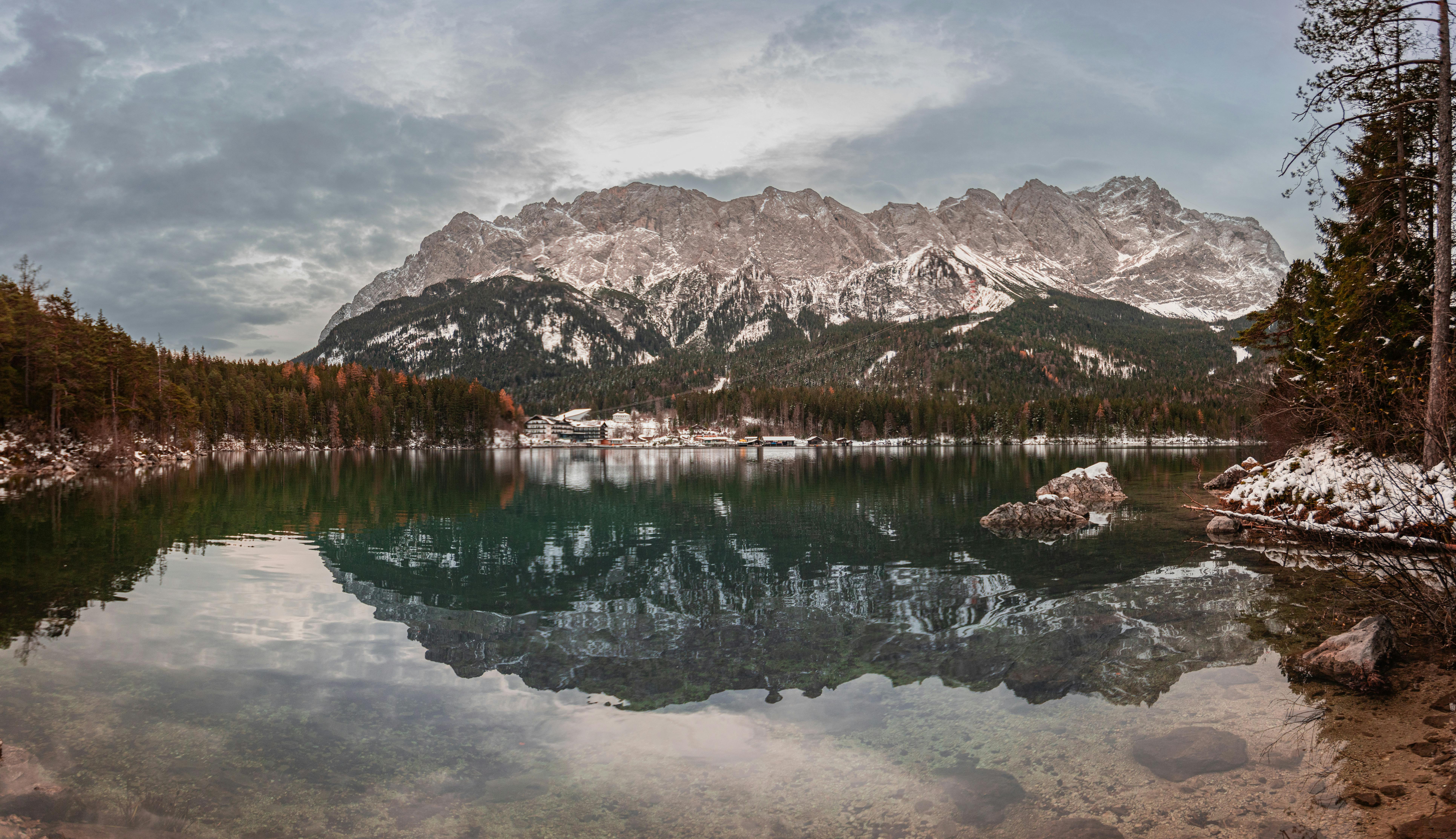 scenic view of eibsee with zugspitze reflection