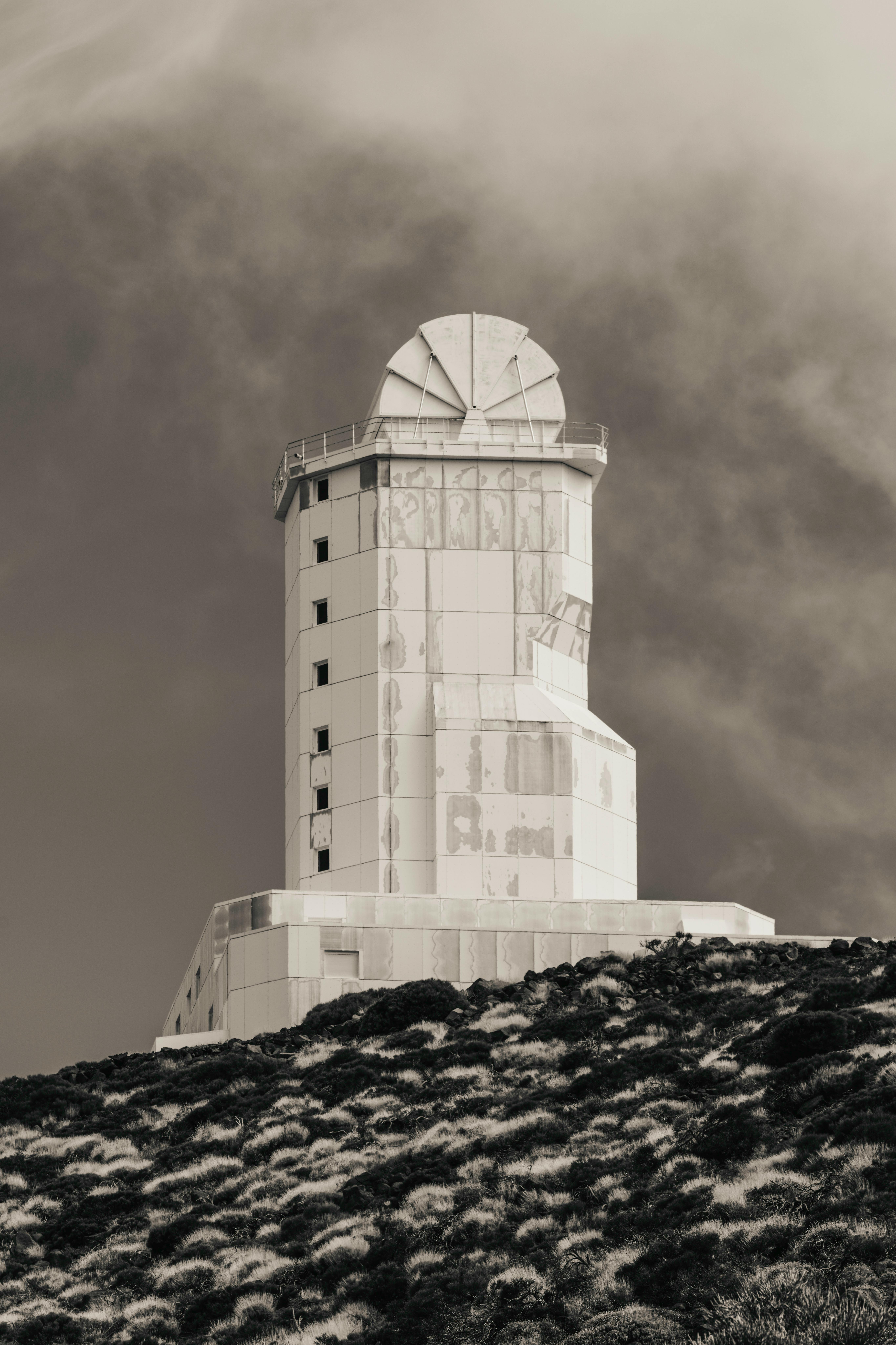 monochrome view of tenerife observatory tower