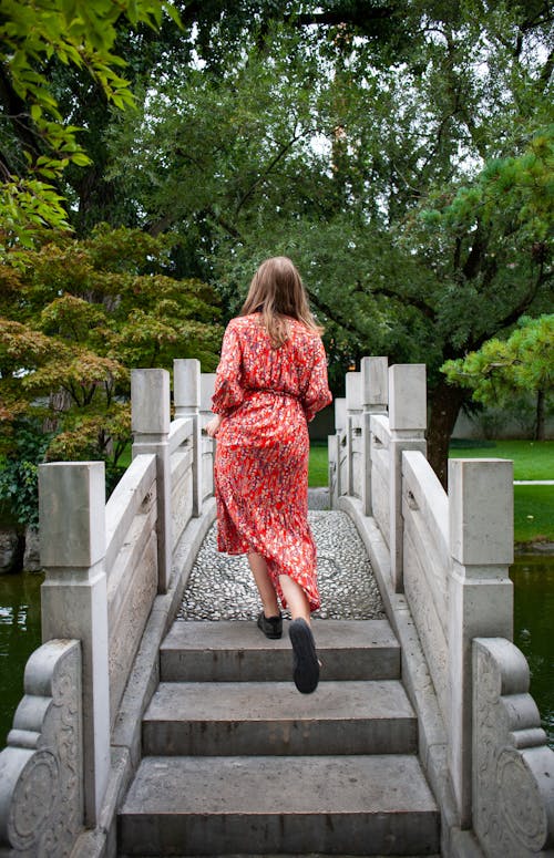 Gratis Mujer Vistiendo Un Vestido Estampado Caminando Sobre El Puente Foto de stock