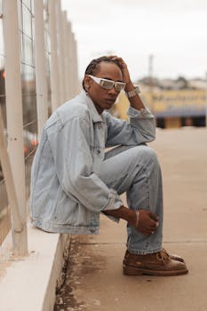 A fashionable young adult wearing denim seated outdoors, exuding style.
