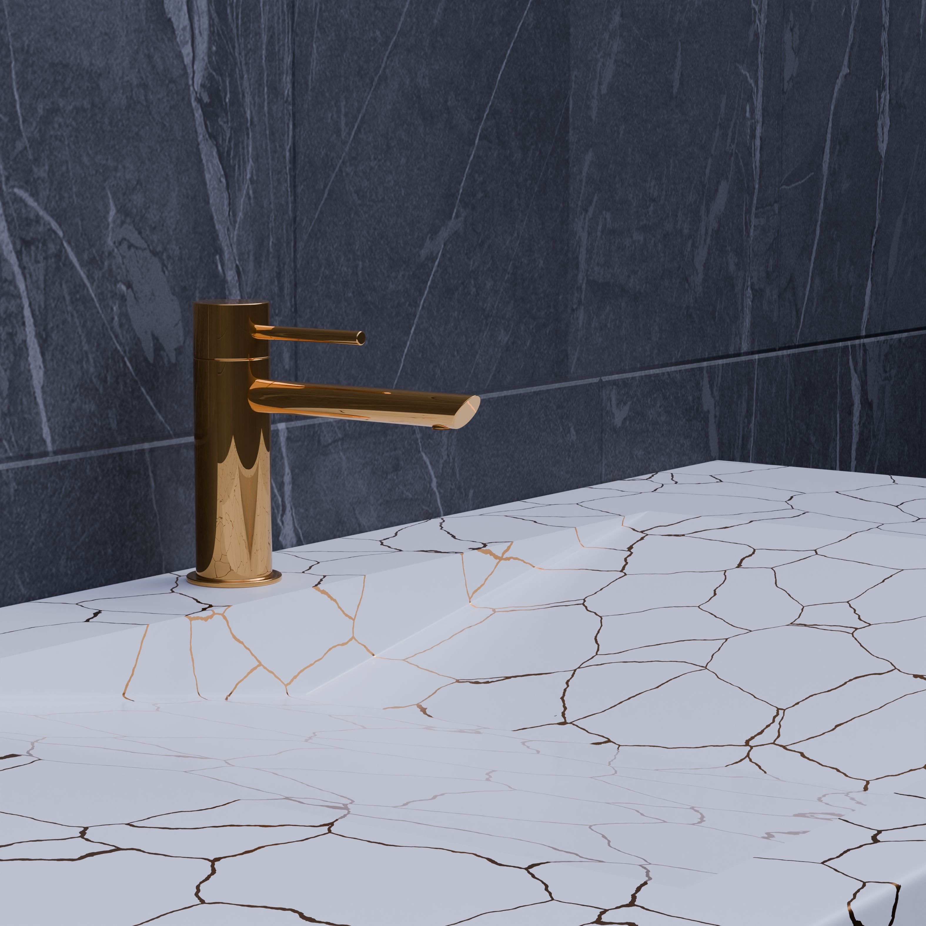 Elegant gold faucet on cracked white marble countertop in a modern bathroom setting.