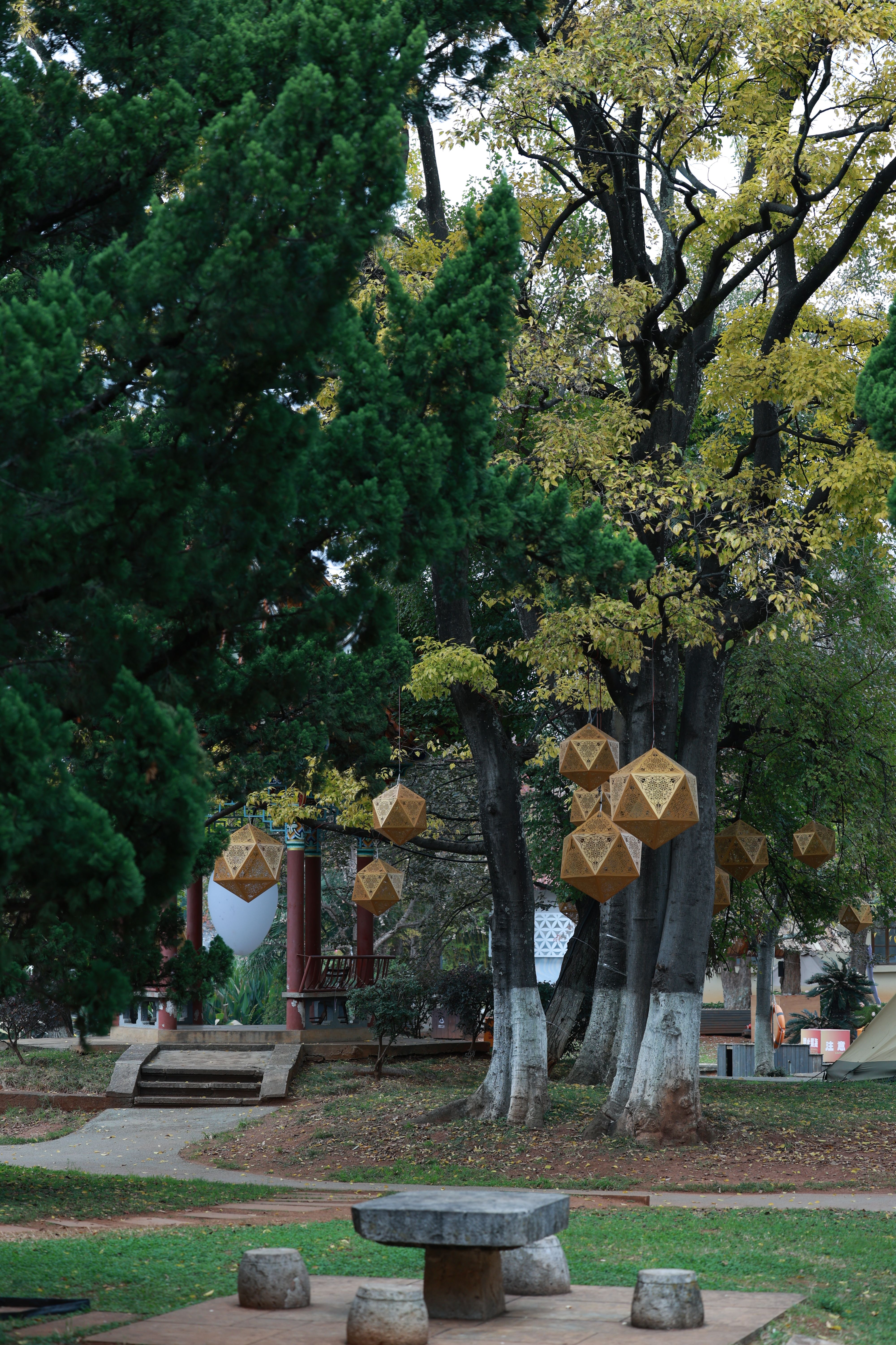 Serene park scene with hanging geometric lanterns among lush trees.