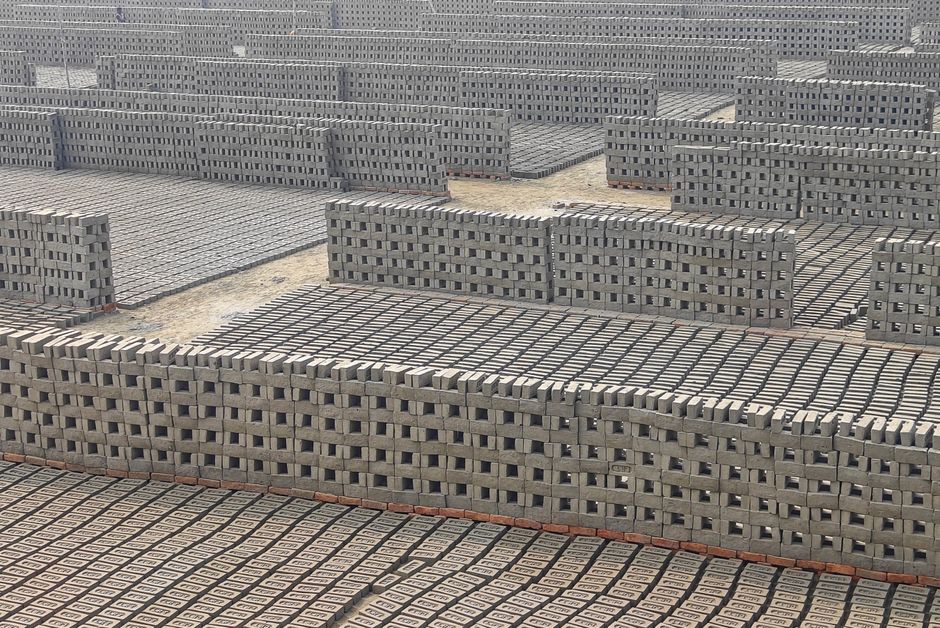 Rows of stacked bricks at a rural factory in Haroa, West Bengal.