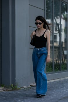 Fashionable woman in sunglasses and casual attire walking along a city street.