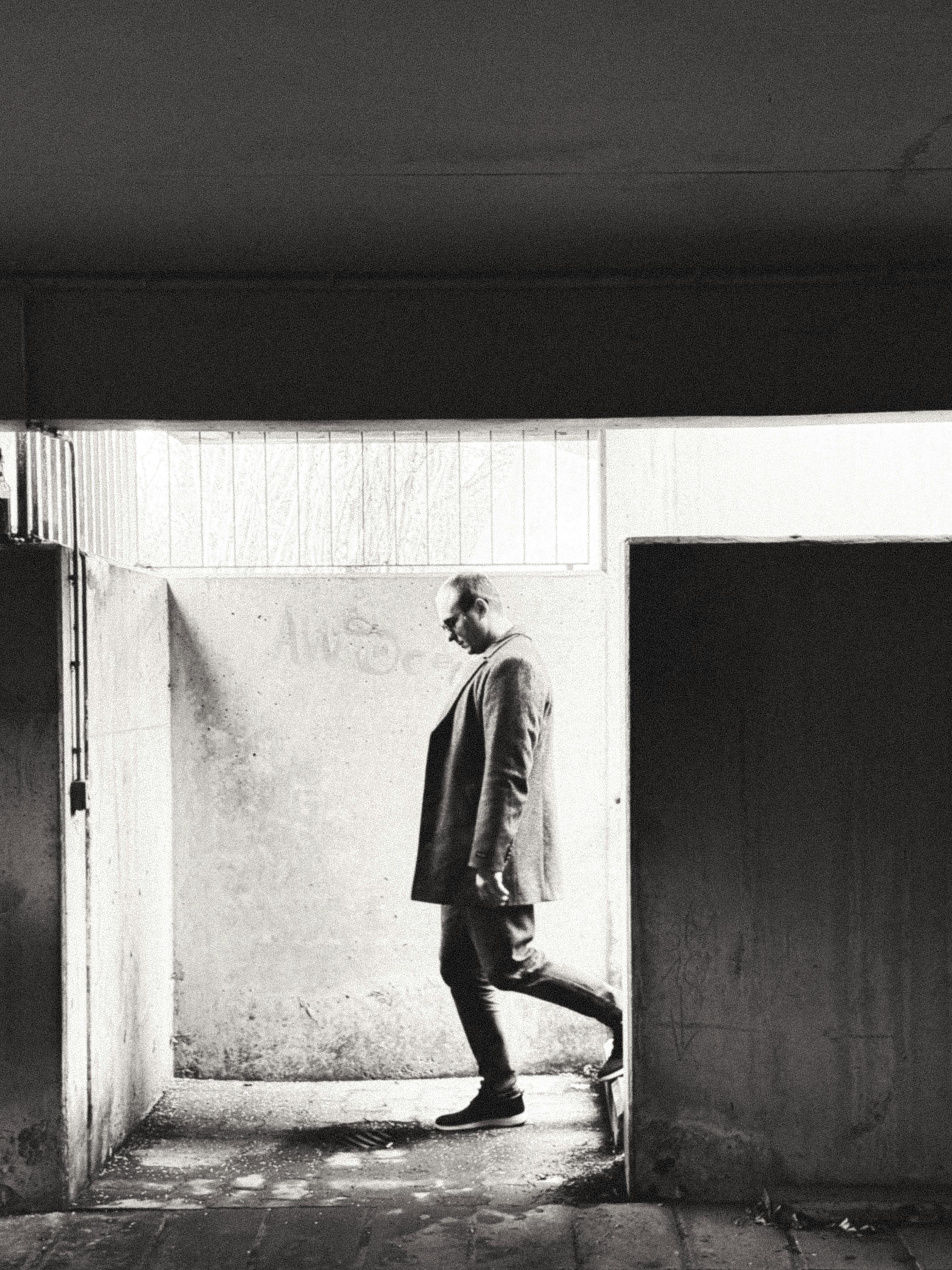 monochrome urban scene of man in bayreuth