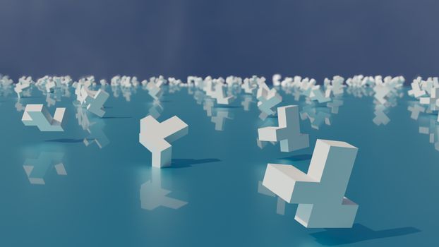 Abstract 3D shapes floating on a tranquil sea, creating a serene digital art scene.