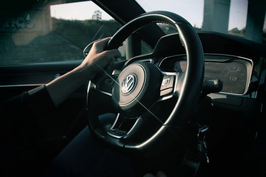 Close-up view of a driver's hands on a Volkswagen steering wheel in a moving car.