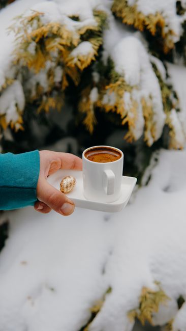 A warm espresso cup held outdoors during winter with snow-covered trees.