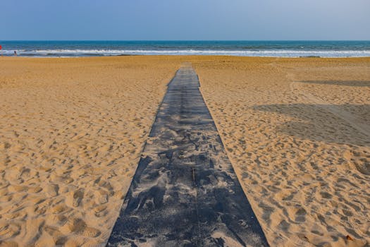 Tranquil view of the sandy Puri beach with a pathway leading to the blue ocean in Odisha, India.