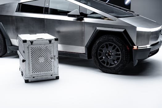 A sleek cybertruck beside a metallic, secure dog crate in a studio.