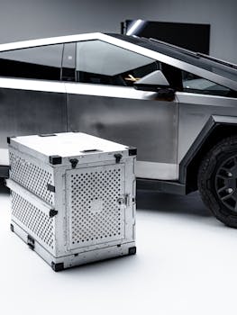 A sleek metallic dog crate beside a futuristic truck. Perfect for pet lovers.