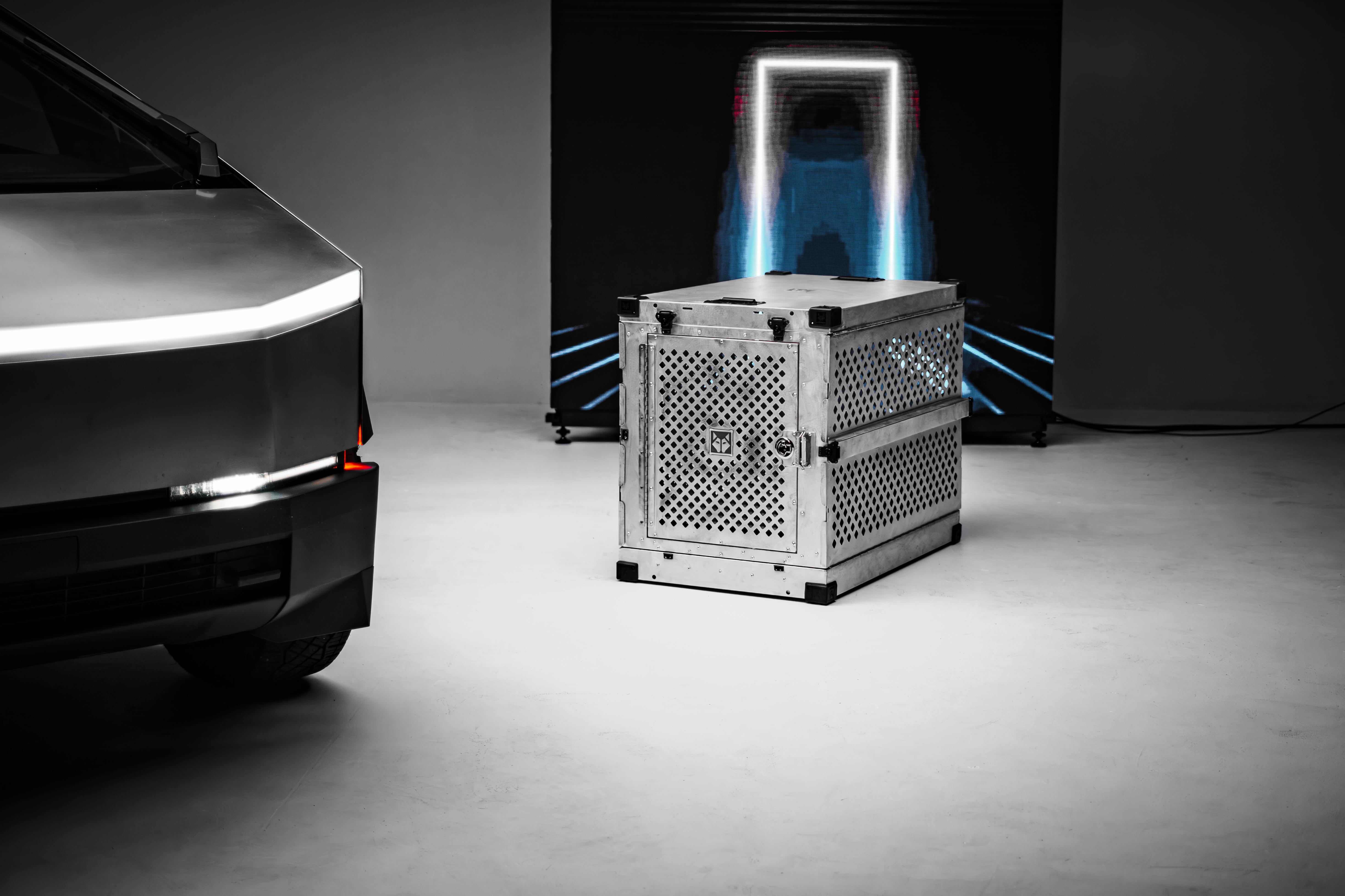 futuristic dog crate with cybertruck