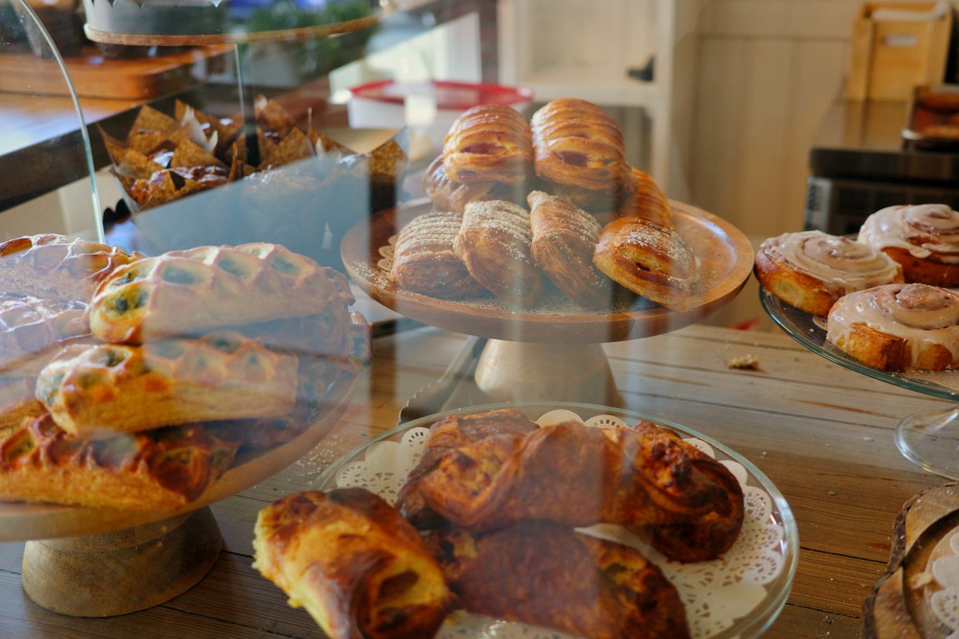 Pastries behind the bakery glass counter