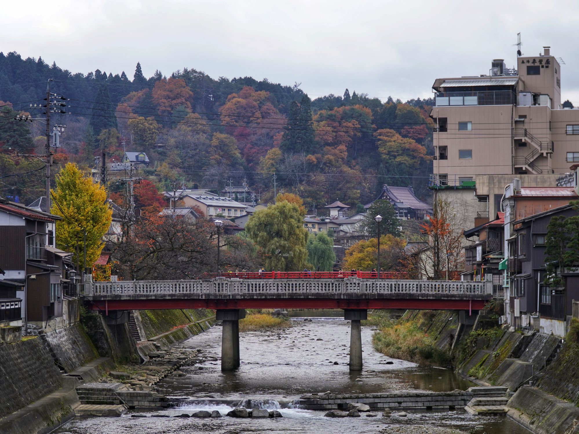 Japanese Cities Bridge Rural Scenic bridge over river in Japanese town during fall · Free Stock Photo