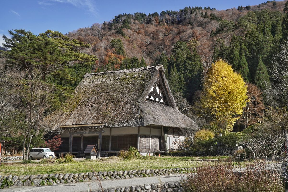 Traditional gassho-style thatched-roof farmhouse in a rural Japanese village during autumn